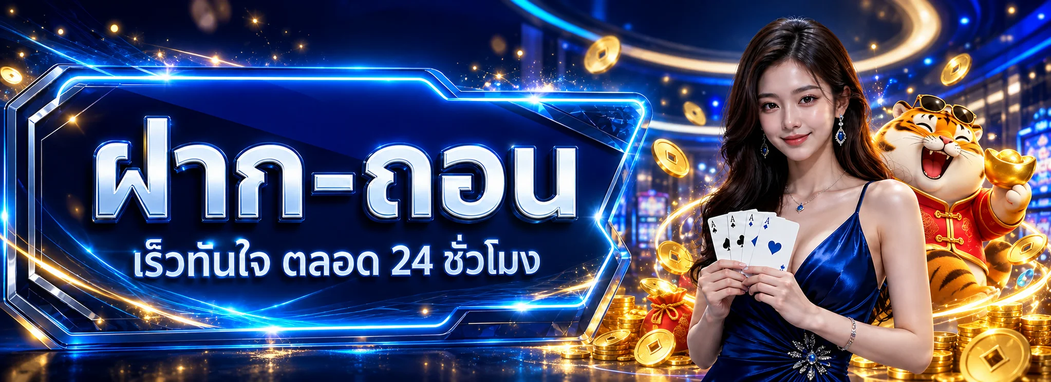 แบนเนอร์ฝากถอน MADAM168 พร้อมมาสคอตเสือและเหรียญทอง